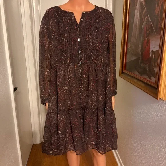 Lucky Brand Brown Paisley Babydoll Dress Boho Long Sleeve Size Large Lined Body - Picture 5 of 9